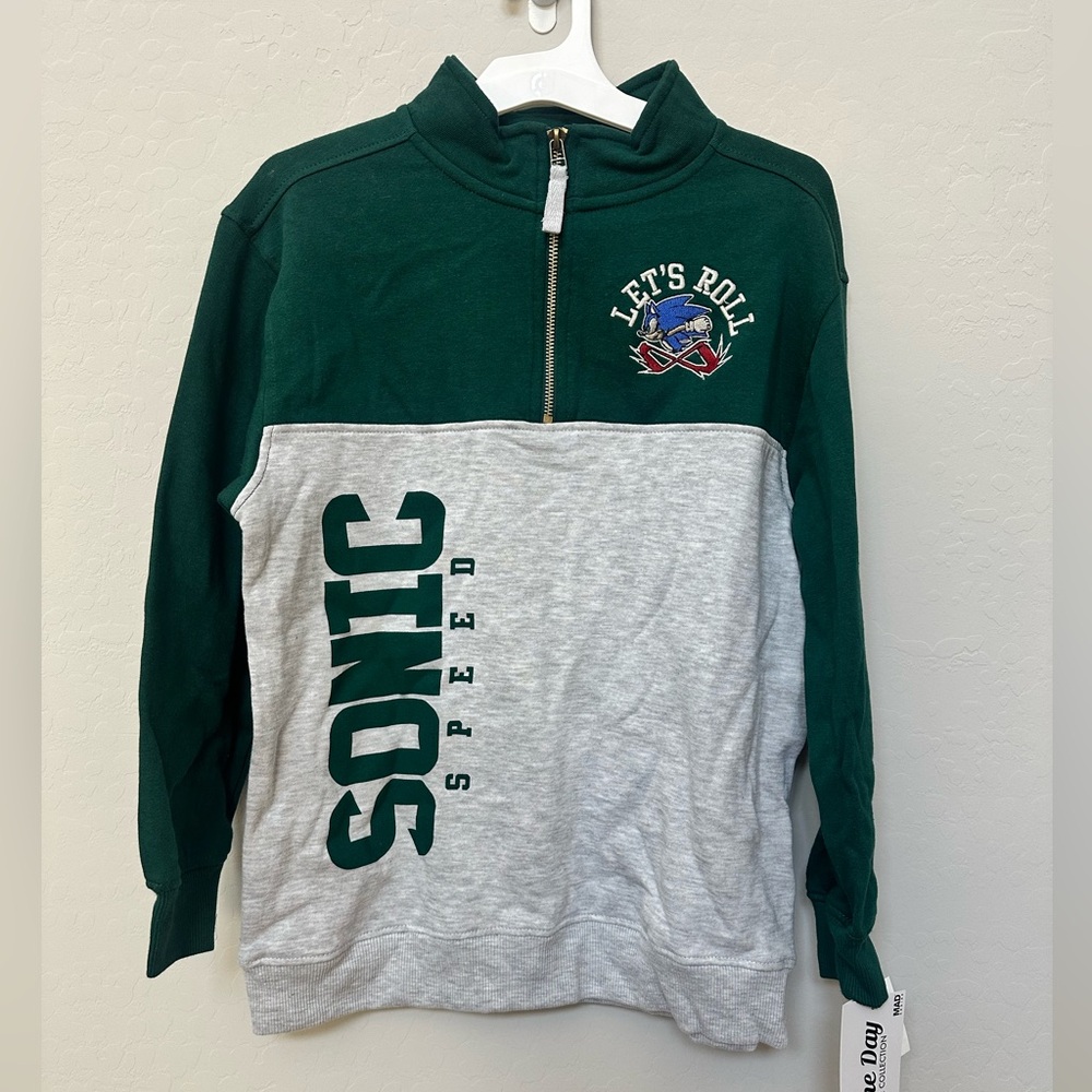 Sonic Speed Quarter Zip Sweatshirt Boys Large Game Day Green Gray NWT